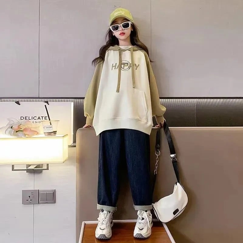 Άνοιξη Φθινόπωρο Κορίτσια Βαμβακερή αντίθεση με αλφάβητο Χαμόγελο Φούτερ Σχολική Παιδική φόρμα φόρμα Παιδική κουκούλα γυμναστικής 7-16 ετών