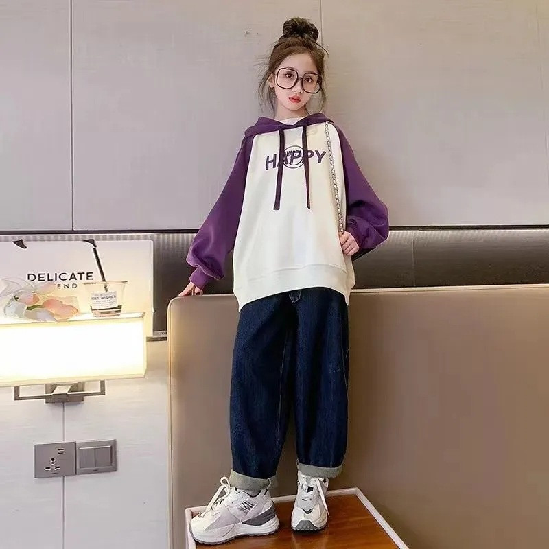 Άνοιξη Φθινόπωρο Κορίτσια Βαμβακερή αντίθεση με αλφάβητο Χαμόγελο Φούτερ Σχολική Παιδική φόρμα φόρμα Παιδική κουκούλα γυμναστικής 7-16 ετών