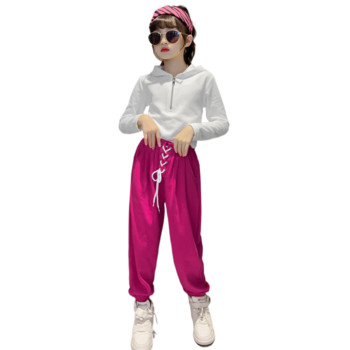 Лято Пролет Момичета Обикновен суитшърт с половин цип+Спортни панталони с шнурове Комплекти Анцуг за деца Ученически костюм Детски костюм за джогинг 3-16 години
