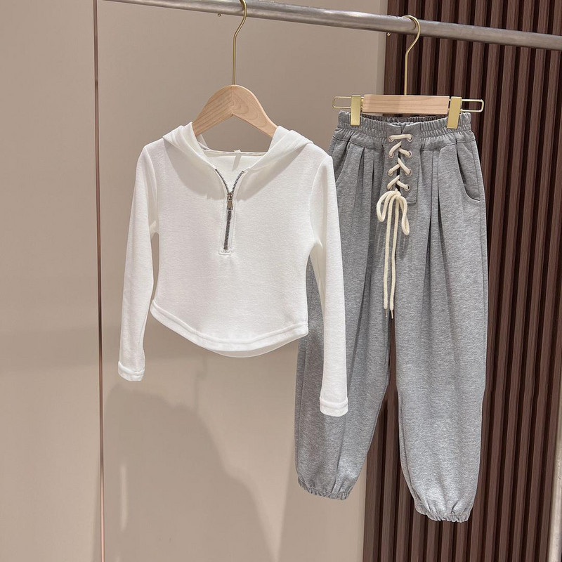 Καλοκαιρινή άνοιξη για κορίτσια Απλό φούτερ με μισό φερμουάρ + Σετ φούτερ με κορδόνι Σχολική παιδική φόρμα Παιδική στολή jogger 3-16 ετών