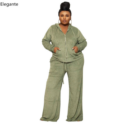Set Femei Dimensiuni Plus Toamnă Iarnă Pantaloni Largi Dimensiuni Plus Set Două Piese Palton Femei cu Glugă Fermoar Mâneci lungi Pantaloni Costume