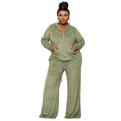 Set Femei Dimensiuni Plus Toamnă Iarnă Pantaloni Largi Dimensiuni Plus Set Două Piese Palton Femei cu Glugă Fermoar Mâneci lungi Pantaloni Costume