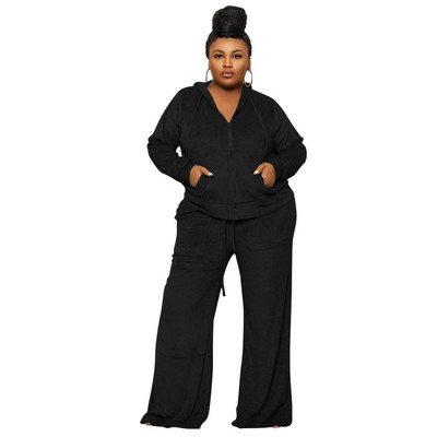 Set Femei Dimensiuni Plus Toamnă Iarnă Pantaloni Largi Dimensiuni Plus Set Două Piese Palton Femei cu Glugă Fermoar Mâneci lungi Pantaloni Costume