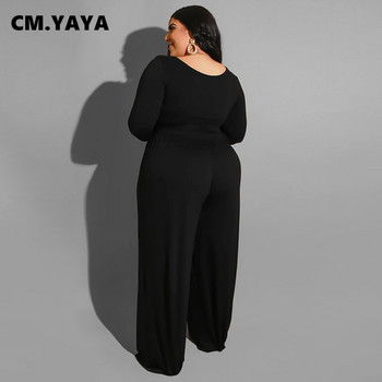 CM.YAYA Дамски спортен костюм с голям размер, плътен, с цял ръкав, с О-образно деколте, широки панталони с бандаж и широки крачоли, два комплекта от 2 части Есен