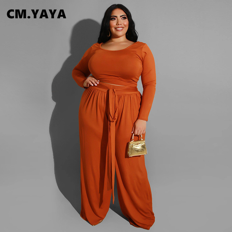 CM.YAYA naiste suures suuruses dressiülikond, täisvarrukatega O-kaelusega kärbitud topid, sidemega laiad sääred, lahtised püksid, kaks 2-osalist komplekti, sügisene riietus