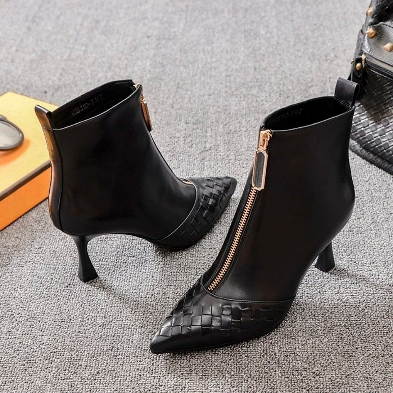 Γυναικείες κοντές μπότες με ψηλά τακούνια 2023 ΝΕΑ Χειμερινά παπούτσια με μυτερή μύτη, Botas στον αστράγαλο, Μπροστινό φερμουάρ ΜΑΥΡΟ sapatos femininos
