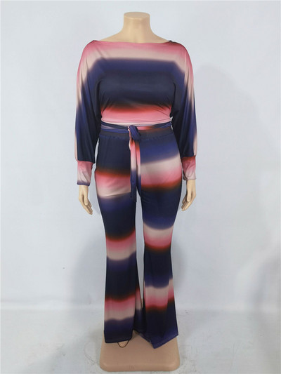 Jesenné oblečenie pre väčšie veľkosti, dvojdielna súprava, dámsky pruhovaný crop top s elastickým pásom a širokými nohavicami, veľkoobchod, 3xl, 4xl, 5xl, 6xl