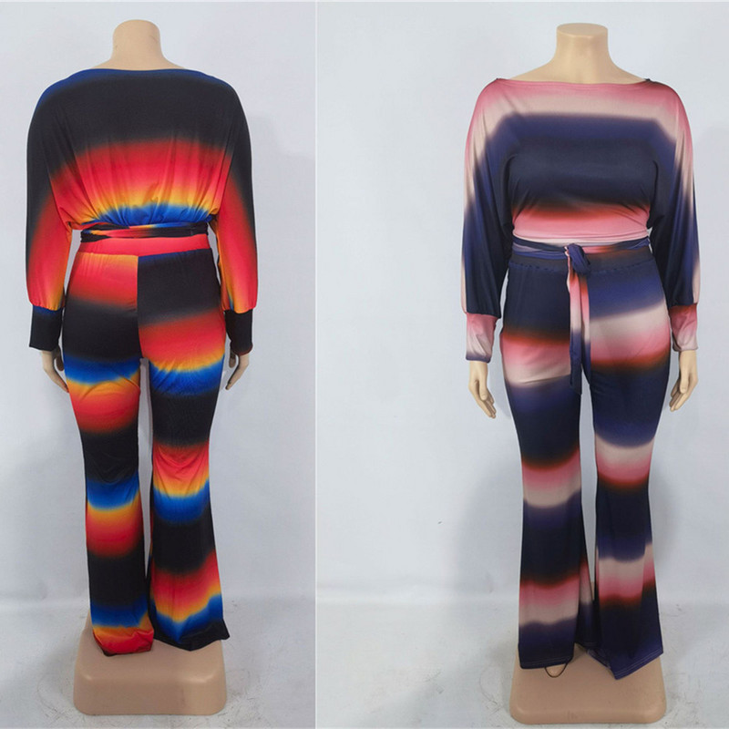 Jesenné oblečenie pre väčšie veľkosti, dvojdielna súprava, dámsky pruhovaný crop top s elastickým pásom a širokými nohavicami, veľkoobchod, 3xl, 4xl, 5xl, 6xl