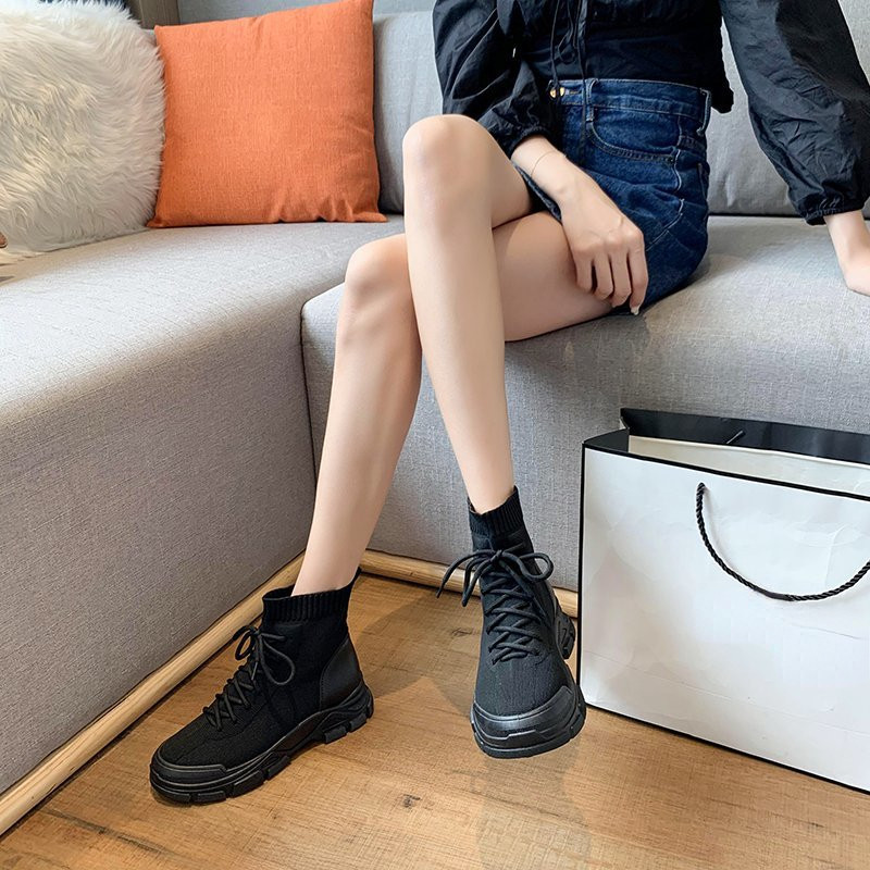 Cizme pentru femei, tricotate respirabile, 2023, la modă, toamnă, pentru femei, cizme cu platformă, cu șireturi, cizme la jumătatea gambei, pantofi de damă, încălțăminte