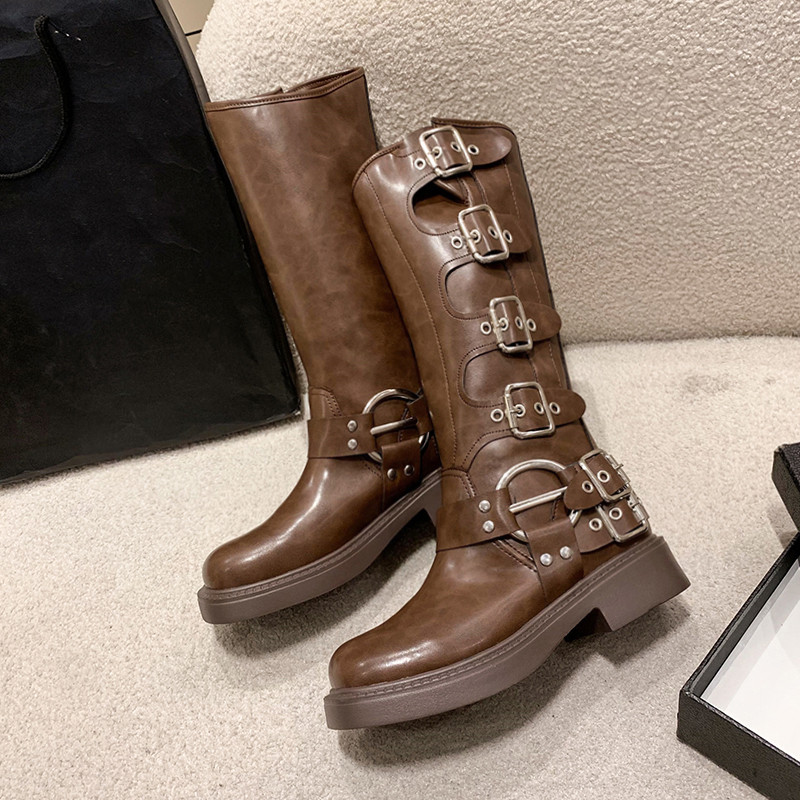 Γυναικείες μακριές μπότες πλατφόρμας με μεταλλική πόρπη 2023 Φθινοπωρινές μπότες μοτοσυκλέτας με τετράγωνο δάχτυλο Woman Pu Δερμάτινες χοντρές γόβες ψηλά στο γόνατο Botas