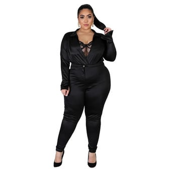 L-5XL Winter Bodysuits Plus Size Σετ Γυναικεία Ρούχα Μονόχρωμα Μακρύ μανίκι V λαιμόκοψη δύο τεμάχια Παντελόνι Κοστούμια Χονδρική Dropshipping