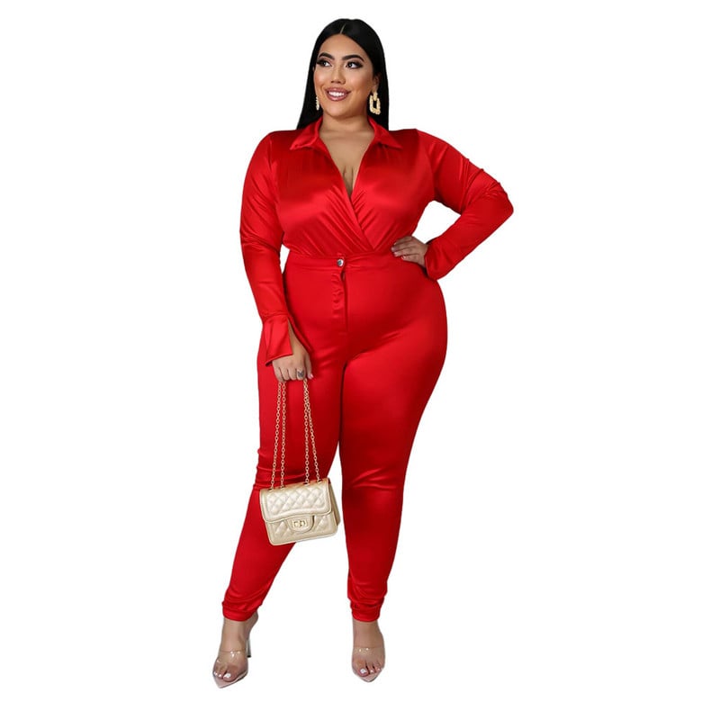 L-5XL Winter Bodysuits Plus Size Σετ Γυναικεία Ρούχα Μονόχρωμα Μακρύ μανίκι V λαιμόκοψη δύο τεμάχια Παντελόνι Κοστούμια Χονδρική Dropshipping