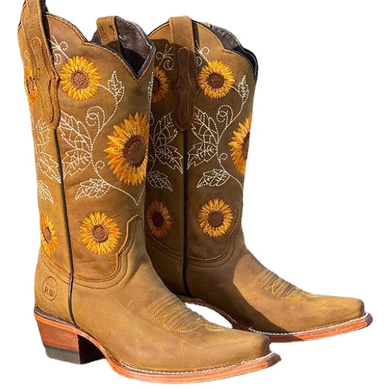 Γυναικείες κεντημένες μπότες με στάμπα γκλίτερ Δυτικές μπότες καουμπόισσας Ρετρό μπότες με χοντρό τακούνι Mid Calf