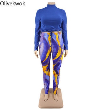 Olivekwok Плюс размер Дамски комплект Tie Dye Ежедневни комплекти от две части Тениски с дълъг ръкав с цип и панталони тип молив Streetwewear