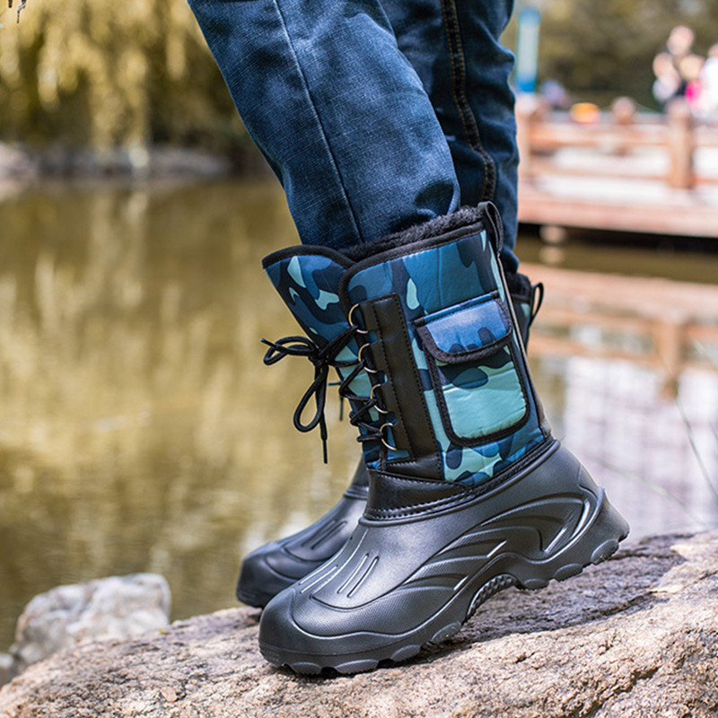 Cizme pentru bărbați Cizme de zăpadă impermeabile pentru bărbați Activități în aer liber Pescuit Cizme de zăpadă Anti-alunecare Pantofi caldi de pluș Cizme de iarnă cu fundul antiderapant