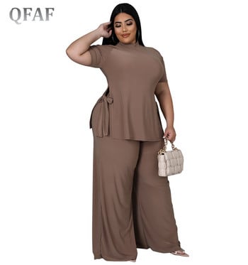 QFAF Elegant Plus Size Φαρδύ Φαρδύ Παντελόνι Κοστούμι Γυναικείο Σετ Split T-shirt και ίσιο παντελόνι αθλητική φόρμα δύο 2 τεμαχίων