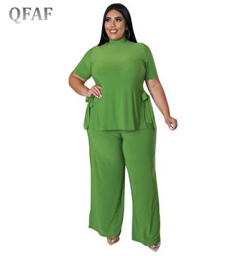 QFAF Elegant Plus Size Φαρδύ Φαρδύ Παντελόνι Κοστούμι Γυναικείο Σετ Split T-shirt και ίσιο παντελόνι αθλητική φόρμα δύο 2 τεμαχίων