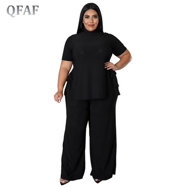 QFAF Елегантен голям размер широки панталони Костюм с широки панталони Дамски комплект Тениска със страничен разделител и прав панталон Анцуг от два комплекта от 2 части