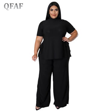 QFAF Elegant Plus Size Φαρδύ Φαρδύ Παντελόνι Κοστούμι Γυναικείο Σετ Split T-shirt και ίσιο παντελόνι αθλητική φόρμα δύο 2 τεμαχίων