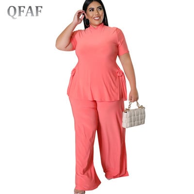 QFAF Elegant Plus Size Φαρδύ Φαρδύ Παντελόνι Κοστούμι Γυναικείο Σετ Split T-shirt και ίσιο παντελόνι αθλητική φόρμα δύο 2 τεμαχίων