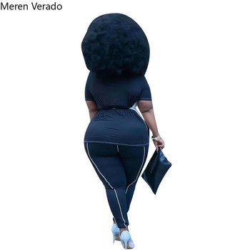 Meren Verado Women Casual Sport Fitness Plus Size 2 Piece Set О-образно деколте пачуърк нередности Твърди панталони тип молив Летни анцузи