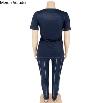 Meren Verado Women Casual Sport Fitness Plus Size 2 Piece Set О-образно деколте пачуърк нередности Твърди панталони тип молив Летни анцузи