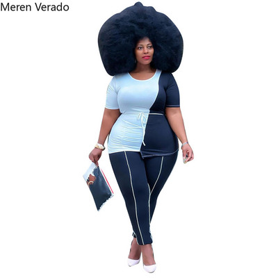 Meren Verado Femei Casual Sport Fitness Plus Size Set 2 Piese O-Gât Patchwork Neregularitate Solid Creion Pantaloni Trening Vară