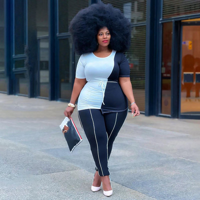 Meren Verado Femei Casual Sport Fitness Plus Size Set 2 Piese O-Gât Patchwork Neregularitate Solid Creion Pantaloni Trening Vară