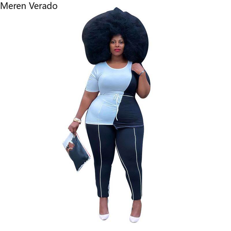 Meren Verado Femei Casual Sport Fitness Plus Size Set 2 Piese O-Gât Patchwork Neregularitate Solid Creion Pantaloni Trening Vară