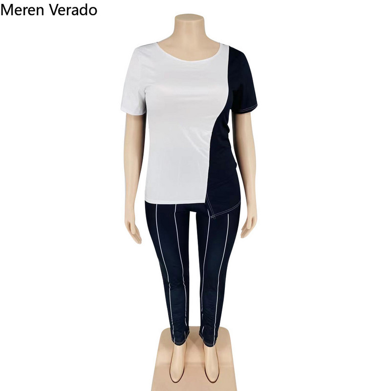 Meren Verado Femei Casual Sport Fitness Plus Size Set 2 Piese O-Gât Patchwork Neregularitate Solid Creion Pantaloni Trening Vară