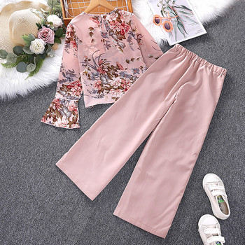 Σετ για κορίτσια 8-12 ετών Ροζ εμπριμέ μακρυμάνικο μπλουζάκι + ροζ παντελόνι για κορίτσια Κοστούμια σε κορεατικό στυλ casual ρούχα