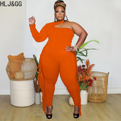 HLJ&GG Plus Size Γυναικεία Ρούχα XL-5XL Γυναικεία μπλούζα με λαιμόκοψη με ένα μανίκι και φούντα Skinny παντελόνι Σετ αθλητικές φόρμες δύο τεμαχίων