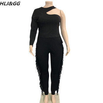 HLJ&GG Плюс размер Дамско облекло XL-5XL Дамски анцуг с едно рамо и тесни панталони с пискюл, комплект от две части