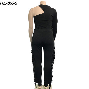 HLJ&GG Плюс размер Дамско облекло XL-5XL Дамски анцуг с едно рамо и тесни панталони с пискюл, комплект от две части
