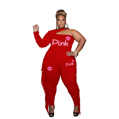 HLJ&GG Plus Size Γυναικεία Ρούχα XL-5XL Γυναικεία μπλούζα με λαιμόκοψη με ένα μανίκι και φούντα Skinny παντελόνι Σετ αθλητικές φόρμες δύο τεμαχίων