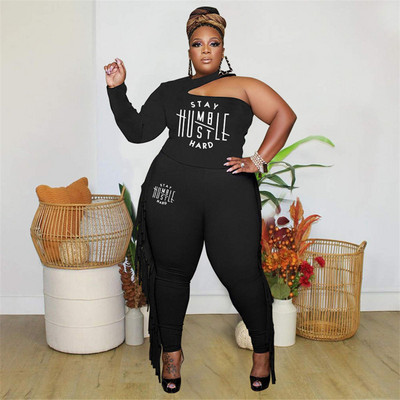 HLJ&GG Plus Size Γυναικεία Ρούχα XL-5XL Γυναικεία μπλούζα με λαιμόκοψη με ένα μανίκι και φούντα Skinny παντελόνι Σετ αθλητικές φόρμες δύο τεμαχίων