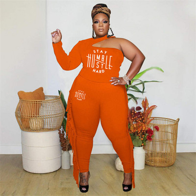 HLJ&GG Plus Size Γυναικεία Ρούχα XL-5XL Γυναικεία μπλούζα με λαιμόκοψη με ένα μανίκι και φούντα Skinny παντελόνι Σετ αθλητικές φόρμες δύο τεμαχίων