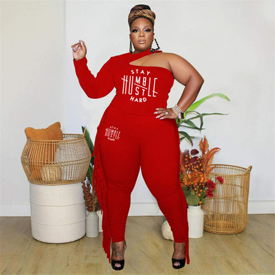 HLJ&GG Plus Size Γυναικεία Ρούχα XL-5XL Γυναικεία μπλούζα με λαιμόκοψη με ένα μανίκι και φούντα Skinny παντελόνι Σετ αθλητικές φόρμες δύο τεμαχίων