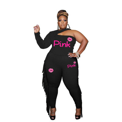 HLJ&GG Plus Size Γυναικεία Ρούχα XL-5XL Γυναικεία μπλούζα με λαιμόκοψη με ένα μανίκι και φούντα Skinny παντελόνι Σετ αθλητικές φόρμες δύο τεμαχίων