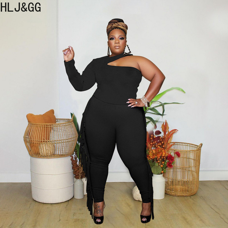 HLJ&GG Plus Size Γυναικεία Ρούχα XL-5XL Γυναικεία μπλούζα με λαιμόκοψη με ένα μανίκι και φούντα Skinny παντελόνι Σετ αθλητικές φόρμες δύο τεμαχίων