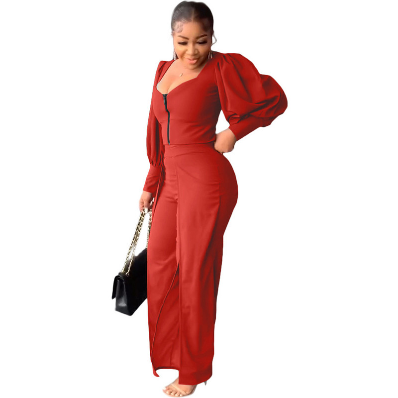 Plus Size Γυναικεία Σετ δύο τεμαχίων Άνοιξη Καλοκαίρι μόδα Casual μανίκι με φούσκα Σέξι γυναικεία μπλούζα παντελόνι Κομψό παντελόνι κοστούμι