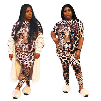 Плюс размер Дамско облекло Комплект от две части 3xl 4xl 5xl Дропшиппинг на едро Тениска с леопардов принт Комплекти панталони Анцуг Летни къси
