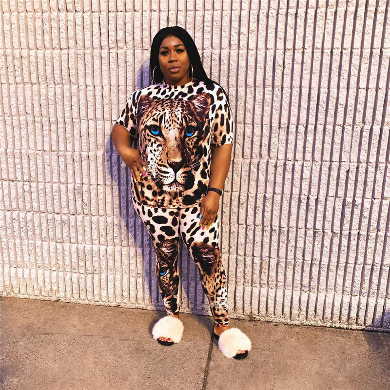 Set de îmbrăcăminte pentru femei de dimensiuni plus mari 3xl 4xl 5xl Dropshipping cu ridicata Tricou cu imprimeu leopard Seturi de pantaloni Trening Summer Short