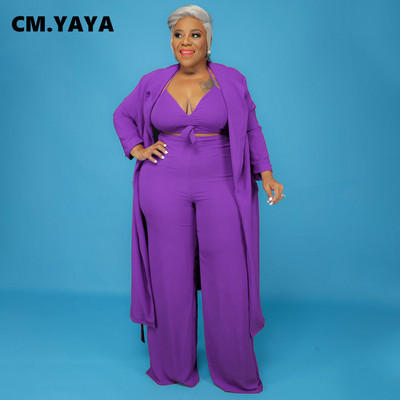 CM.YAYA Γυναικείο Σετ Plus Size Solid Crop Tanks Μπλούζες + Μακριά Παλτό + Παντελόνια 3 τεμαχίων Σετ Μόδας Casual αθλητικές φόρμες φθινόπωρο 2021