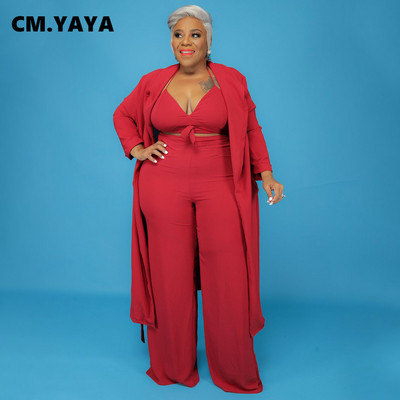 CM.YAYA naiste suures suuruses komplekt Solid Crop Tanks Topid + Pikad mantlid + Püksid 3-osalised komplektid Moodsad rõivad Vabaaja spordidress 2021. aasta sügis