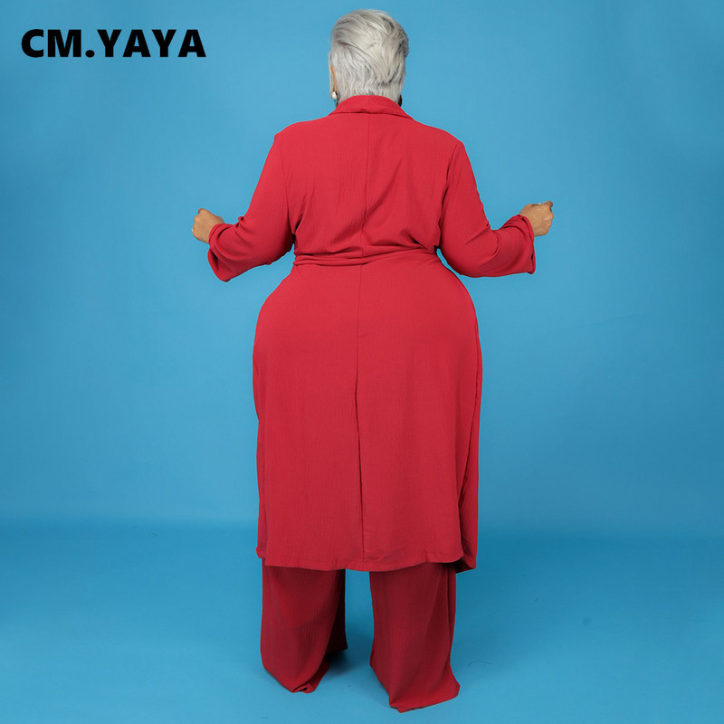 CM.YAYA naiste suures suuruses komplekt Solid Crop Tanks Topid + Pikad mantlid + Püksid 3-osalised komplektid Moodsad rõivad Vabaaja spordidress 2021. aasta sügis