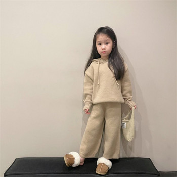 Корейски детски комплекти Есен Зима Ежедневен комплект пуловер за момичета Плетено палто с качулка и панталон Детски комплект от две части Дрехи