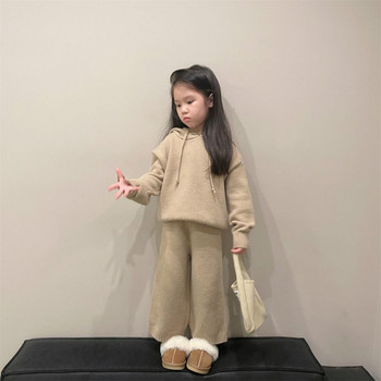 Κορεατικά Παιδικά Σετ Φθινοπωρινά Χειμωνιάτικα Σετ Πουλόβερ για κορίτσια με κουκούλα Πλεκτό παλτό και παντελόνι Παιδικό σετ δύο τεμαχίων Ρούχα