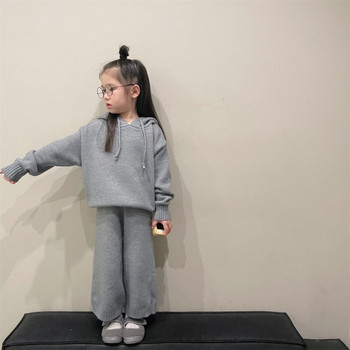 Κορεατικά Παιδικά Σετ Φθινοπωρινά Χειμωνιάτικα Σετ Πουλόβερ για κορίτσια με κουκούλα Πλεκτό παλτό και παντελόνι Παιδικό σετ δύο τεμαχίων Ρούχα