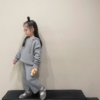 Корейски детски комплекти Есен Зима Ежедневен комплект пуловер за момичета Плетено палто с качулка и панталон Детски комплект от две части Дрехи